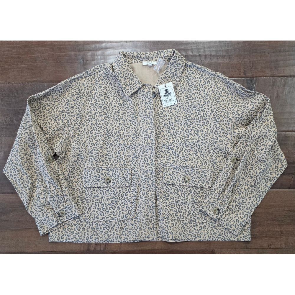 Retro Y2k Mobwife Oversized Leopard Print Button Down Shacket Tan Grey Large NWT